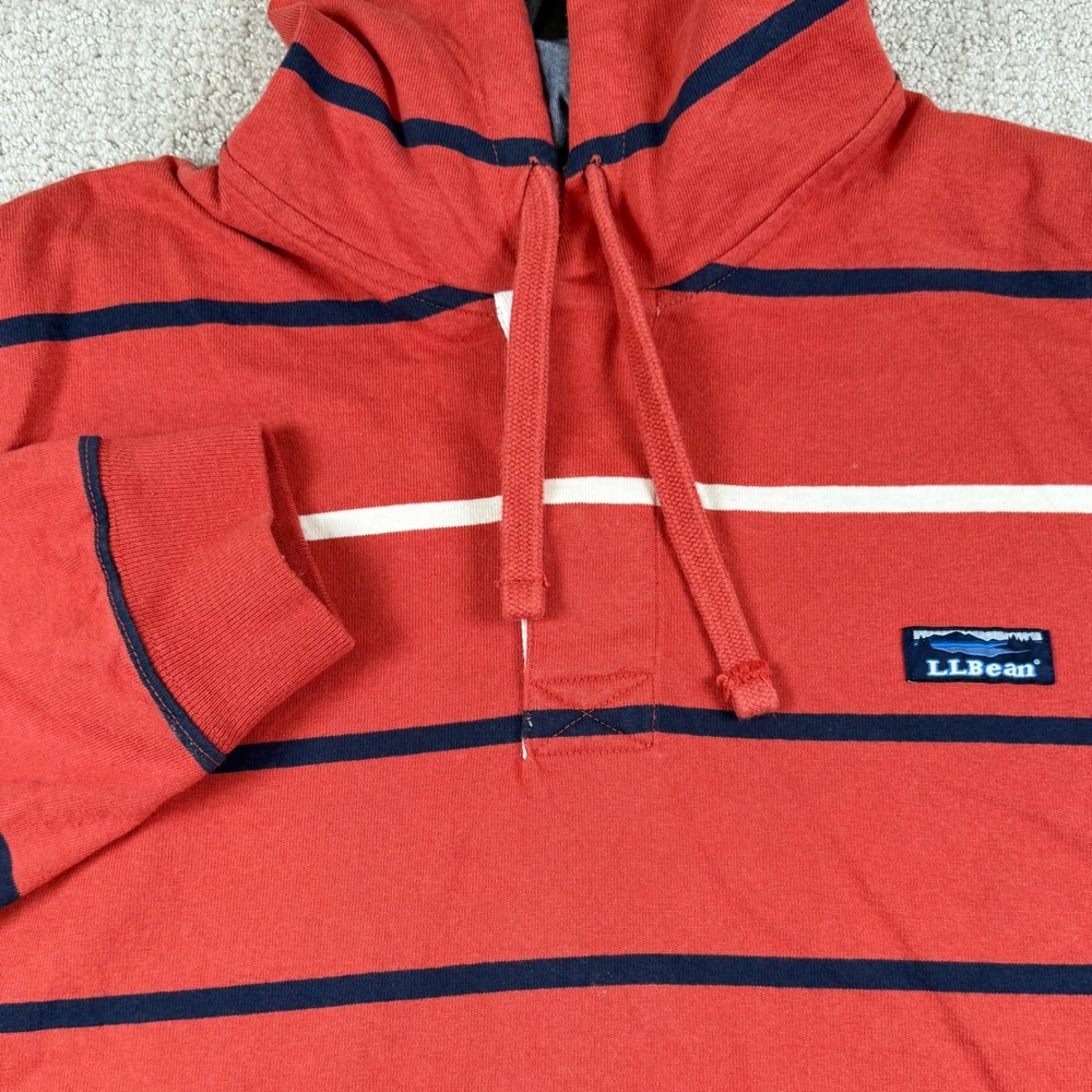 LL Bean Mens XL Red Traditional Fit Rugby Striped Pullover Hoodie 505095 *Read